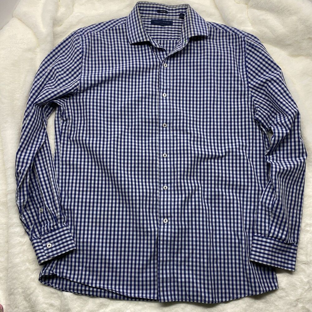 Tommy Hilfiger Men’s Dress Shirt Slim Fit Blue Gingham Check Long Sleeve 16.5